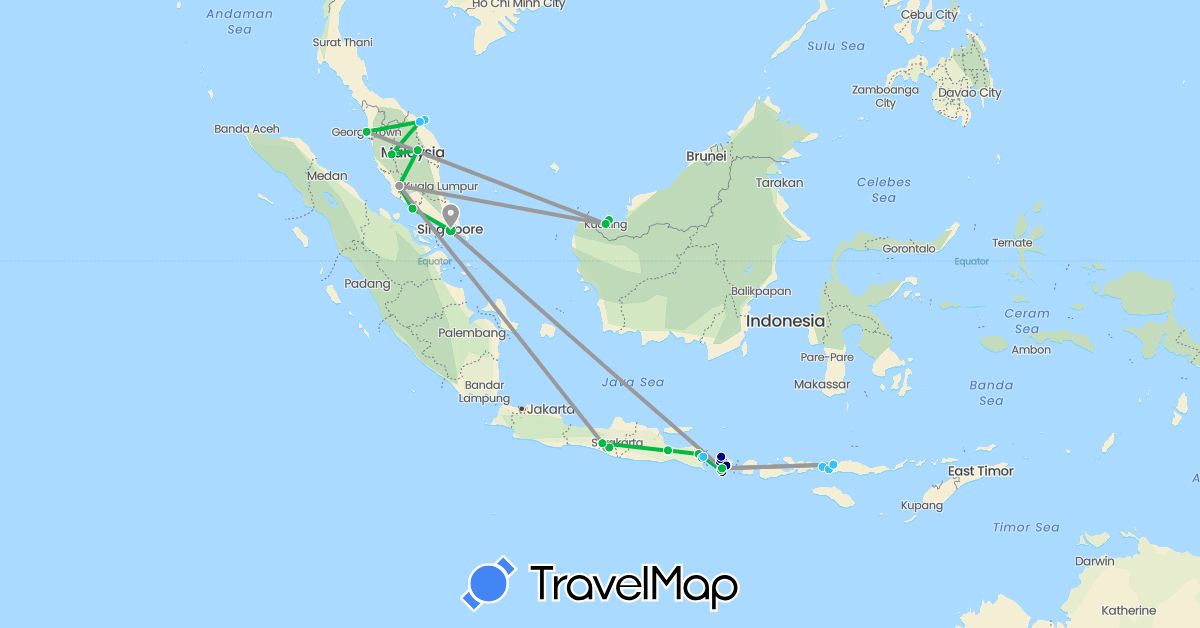 TravelMap itinerary: driving, bus, plane, boat in Indonesia, Malaysia, Singapore (Asia)